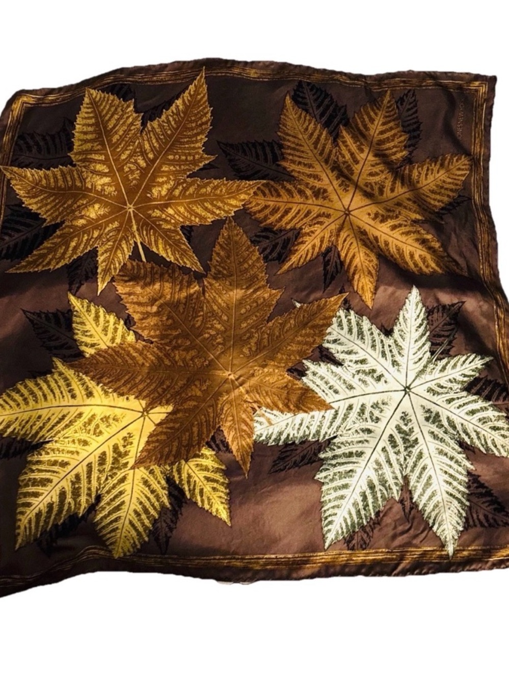 Jones New York 100% Silk Scarf 20" Square Brown Gold Leaves Fall Autumn Vintage